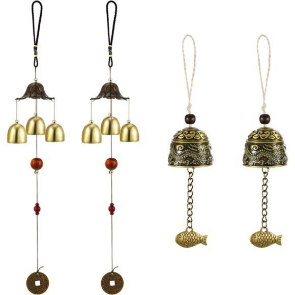 4 Pack Feng Shui Wind Chimes Chinese Lucky Bell Dragon Fish Metal Garden Patio - Picture 1 of 8
